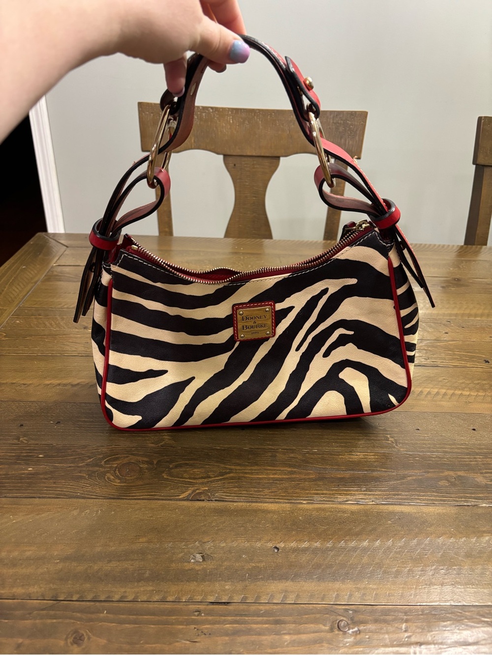 Dooney & Bourke Vintage Black and Cream Zebra Shoulder Bag with Red Trim